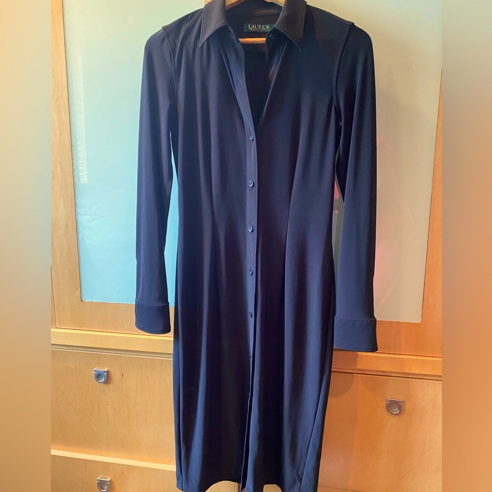 Lauren Ralph Lauren long button-down mid-length dress in black.